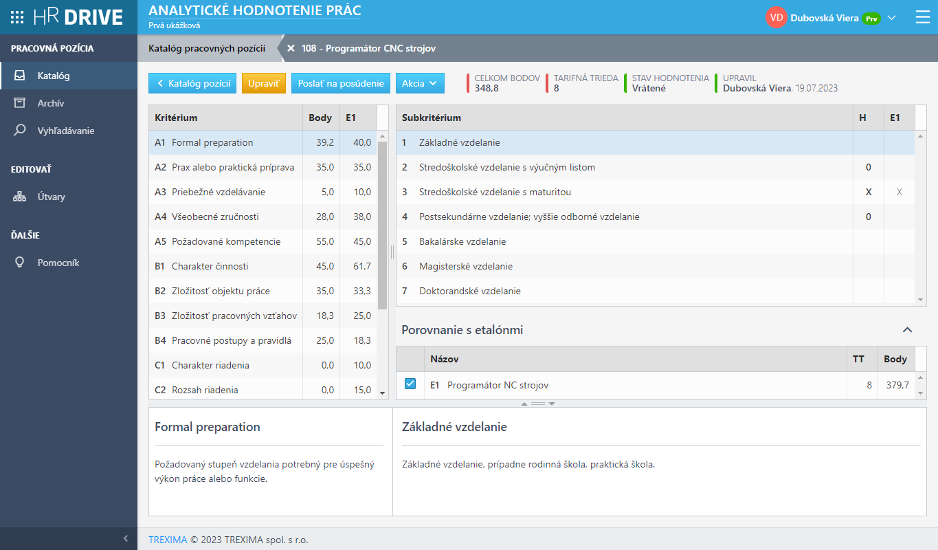 Hodnotenie vybranej pracovnej pozície
