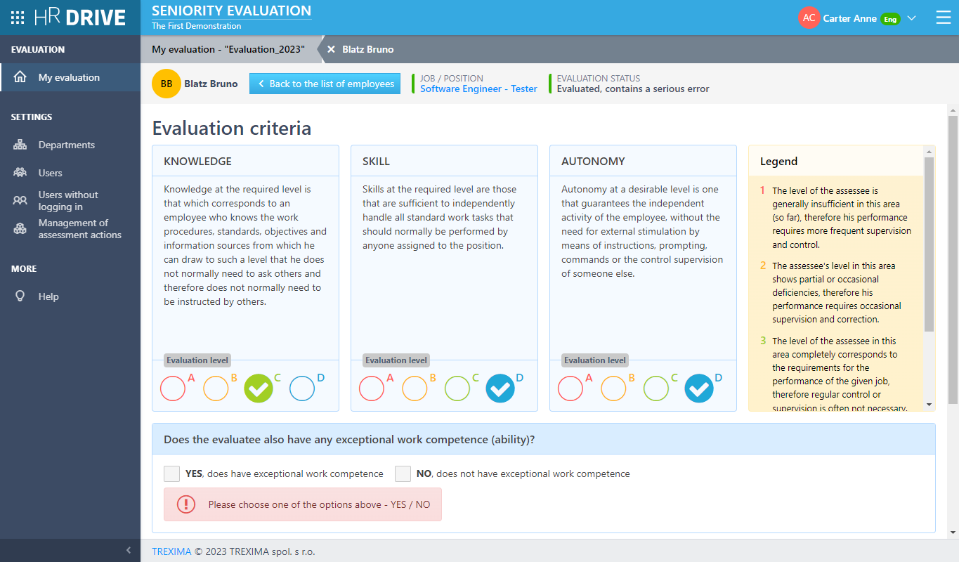 Evaluation of the selected employee