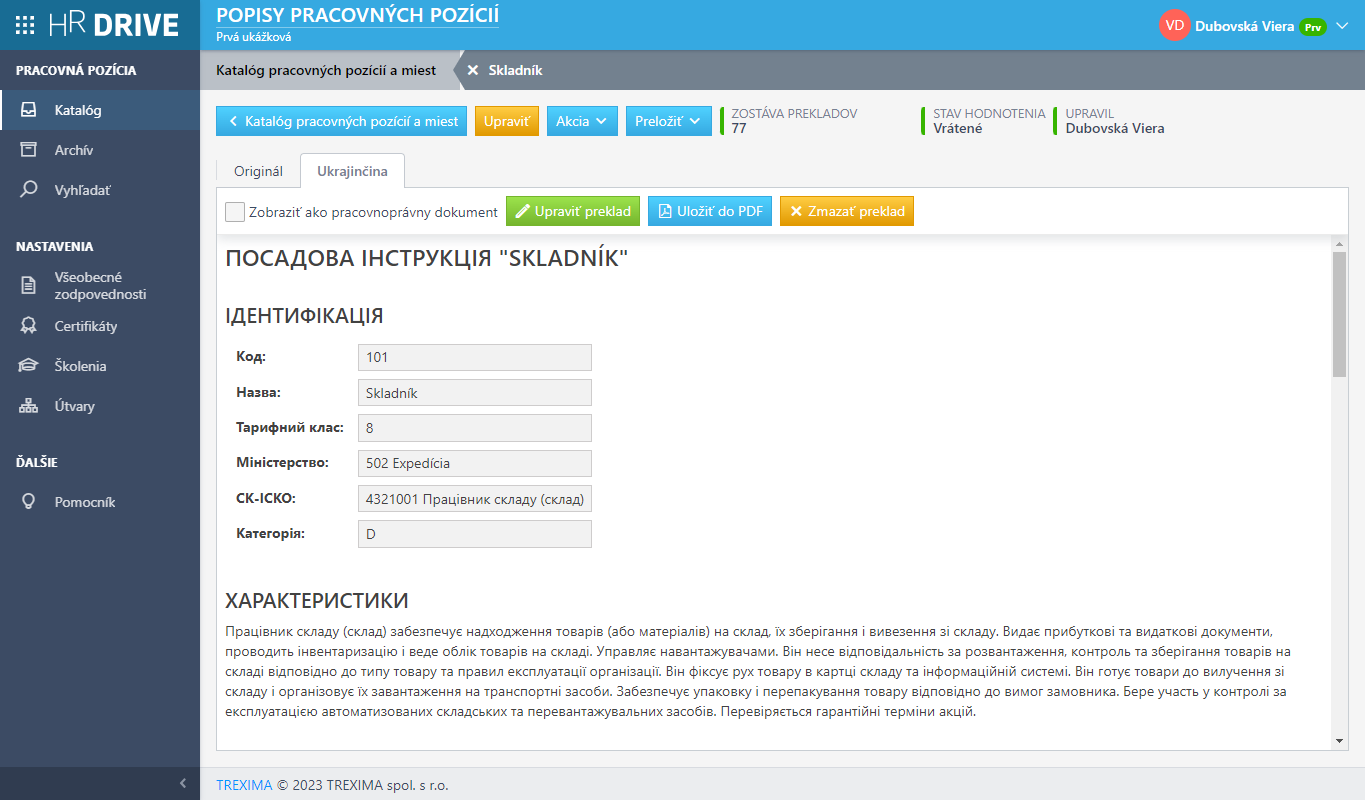 Ukážka strojového prekladu popisu pracovnej pozície